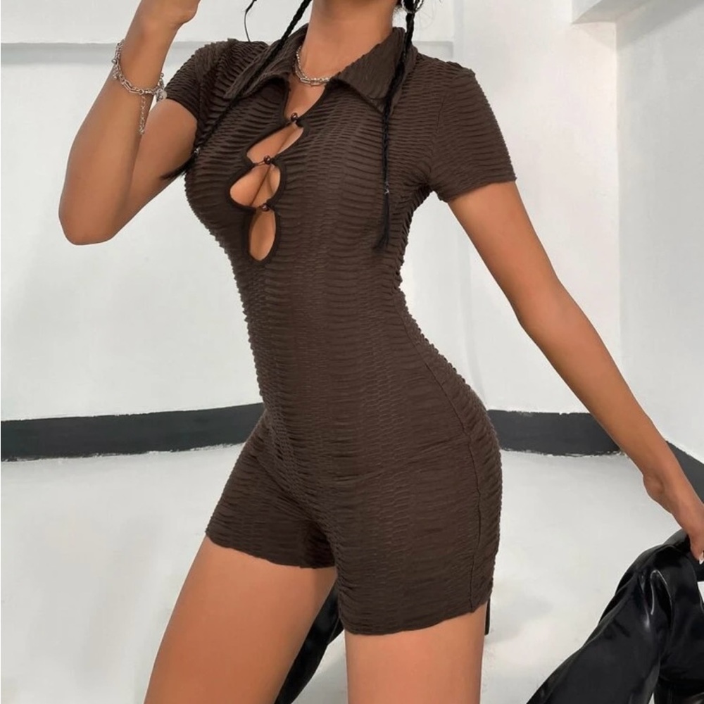 Brown Textured Short Sleeve Romper